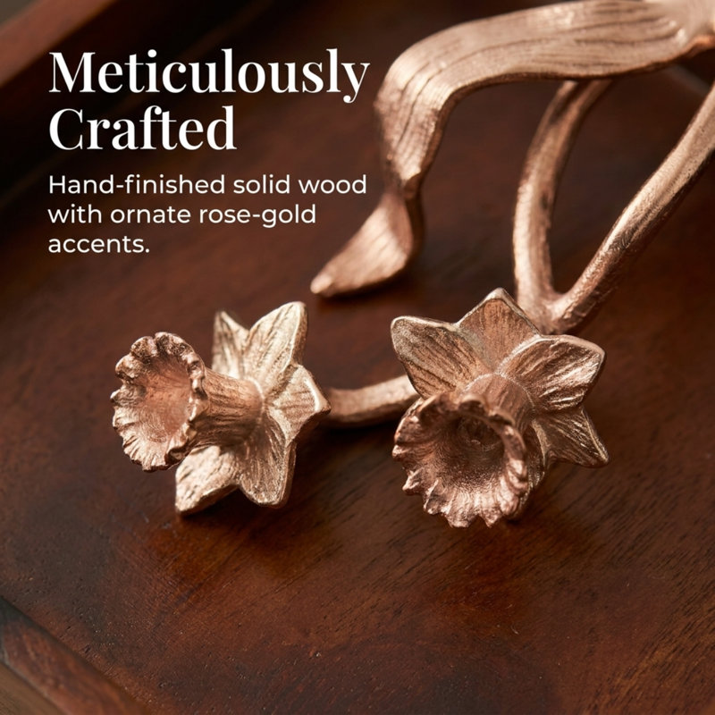 Rustic Wood Napkin Holder with Rose Gold Floral Arm – Elegant Christmas Table Decor & Holiday Gift