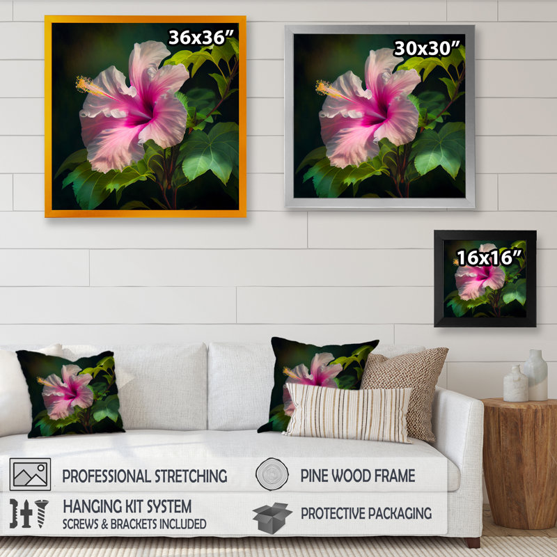 Blooming - Hibiscus rose et blanc III - impression, Cadre flottant noir, H 16 po x l 16 po x P 1 po