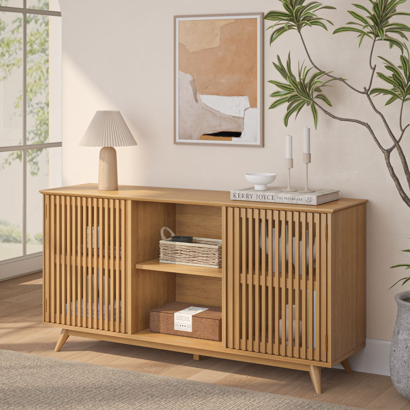 Mid-Century Modern 59" Solid Wood Sideboard/TV Stand with Slat Doors, Pecan