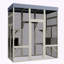 Catio en bois gris avec 2 boîtes de sieste et plateformes de jeu
