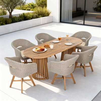 Ensemble de salle à manger d'extérieur en bois d'acacia pour 4 personnes avec base en rotin tissé et piédestal à lattes Mordy
