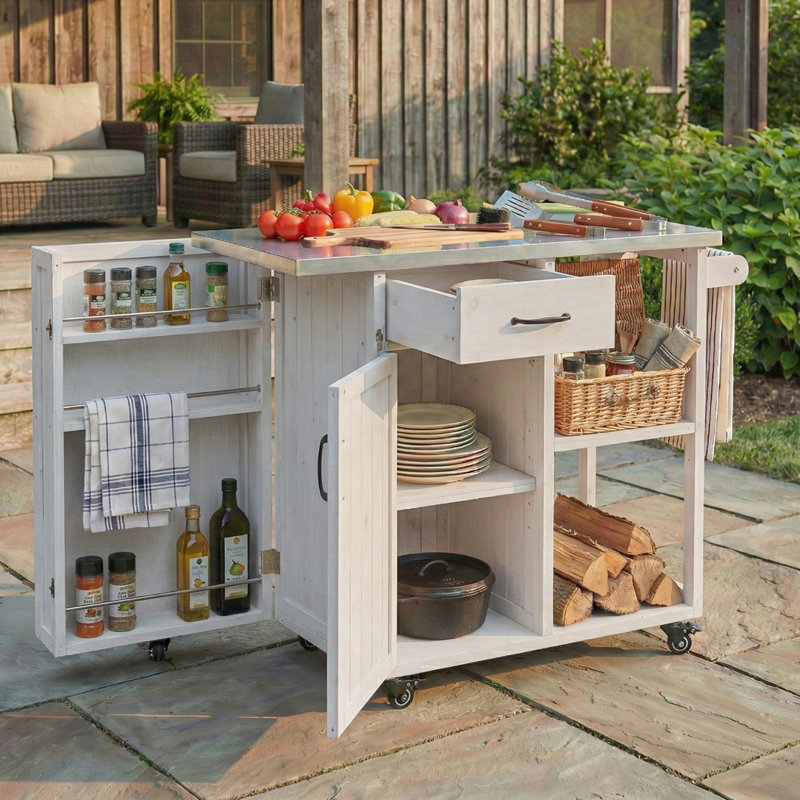 Chariot de cuisine verrouillable pour l'extérieur avec îlot de cuisine, Blanc