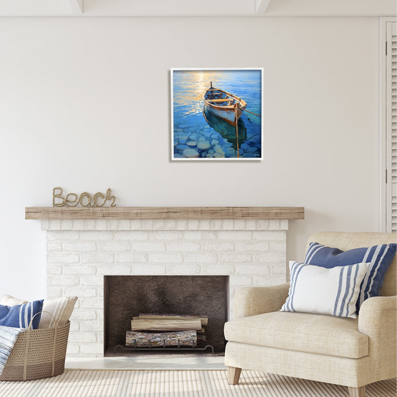 Bb-417-Bateau à rames et rivage de galets encadré sur bois par RB Print, Giclée encadrée blanc bord de mer