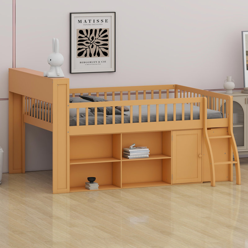 Lit mezzanine peu encombrant avec compartiments de rangement intégrés et éclairage de tête de lit à DEL, Naturel