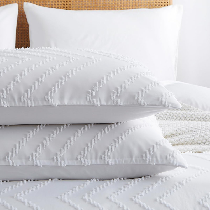 Embroidery Shabby Chic Duvet Cover Set Wave Pattern Microfiber Boho Comforter Cover Set, White