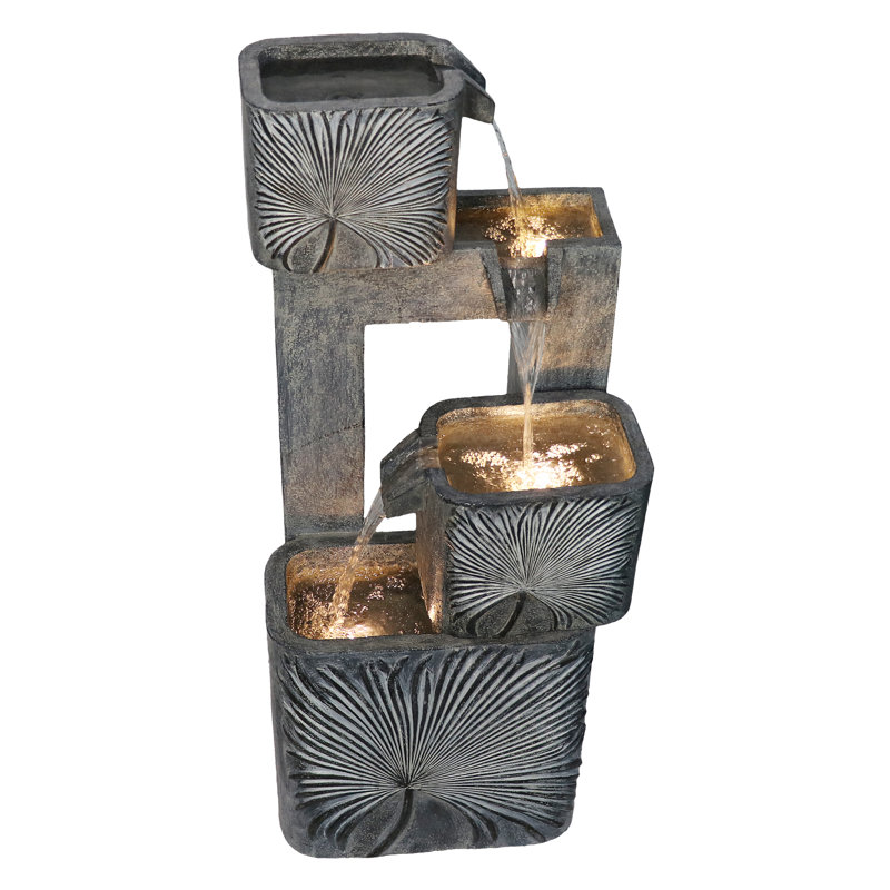 Modern Gray Concrete Tiered Outdoor Fountain with LED Lights