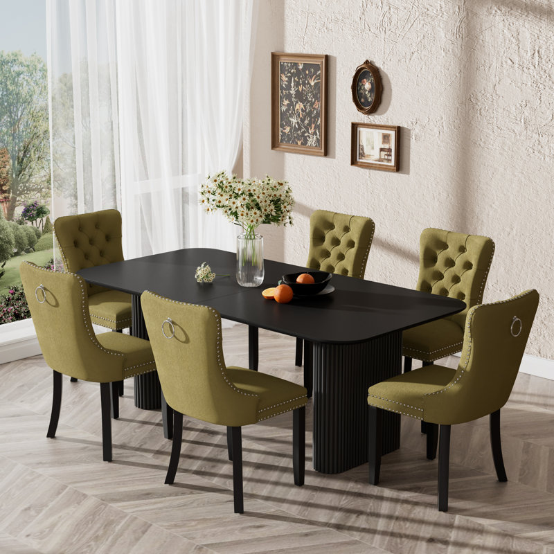 70.9 " Rectangular Double Pedestal Dining Table Set, Olive Green, 7