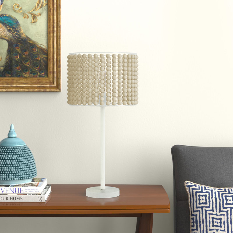 Aime 25.25"H Metal and Wood Beaded Table Lamp, White, Tan