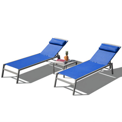 Ensemble de chaises longues de patio, chaises longues de piscine réglables en aluminium 3 pièces avec fauteuil inclinable Textilene