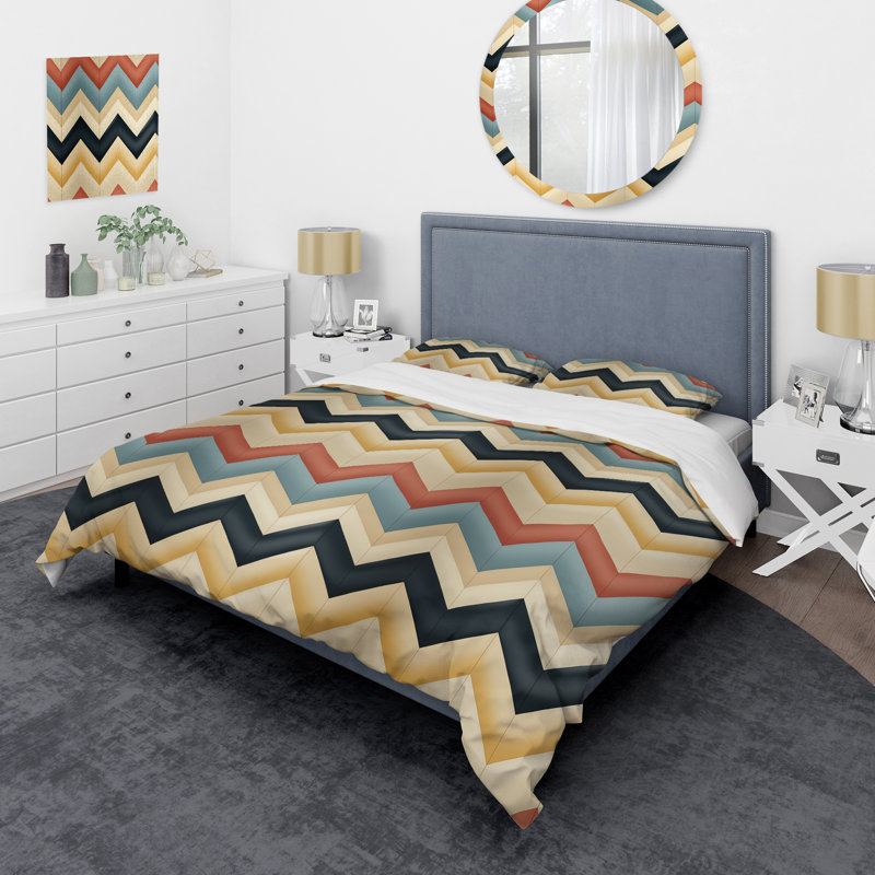 Literie à motif de chevrons Earthy Tones, Housse de couette pour grand lit et 2 taies décor