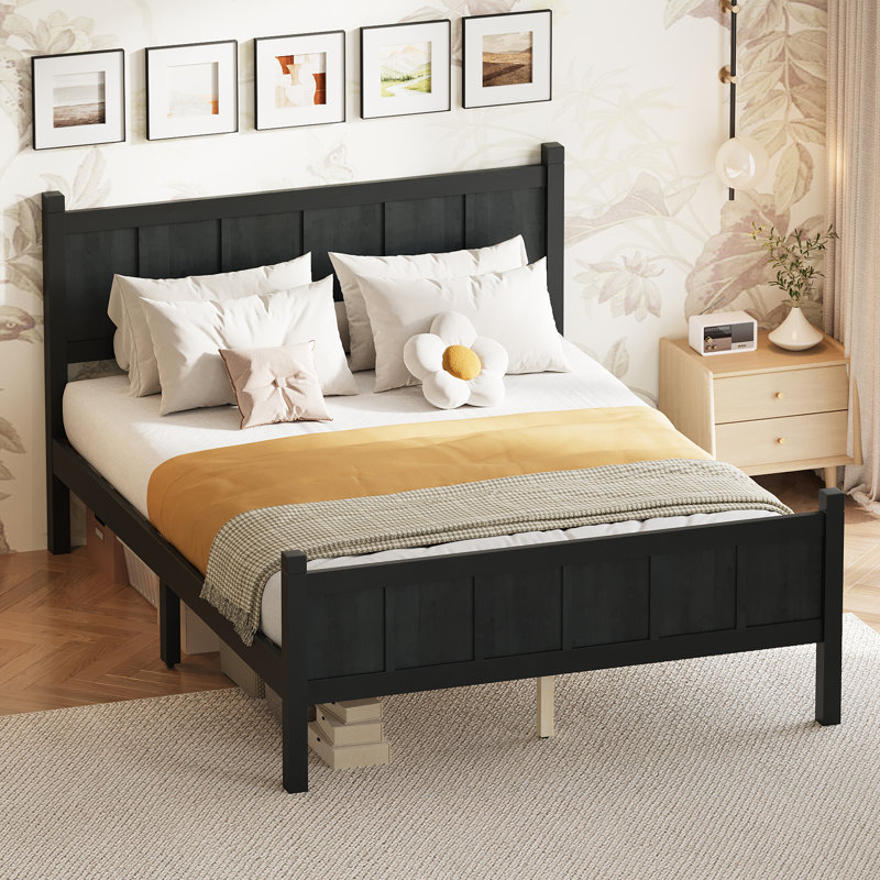 Lit plateforme minimaliste moderne avec finition grain de bois, Lit double , Noir