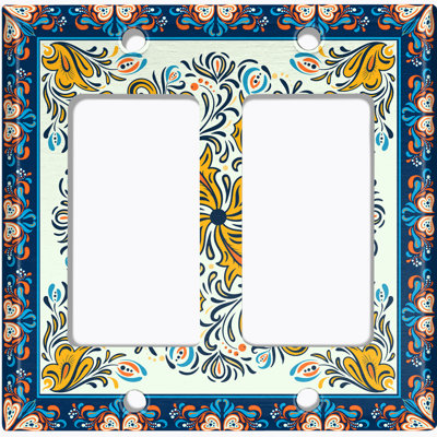 Metal Light Switch Plate Outlet Cover (Teal Elegant Flower Blue Frame Tile  - Double Rocker)