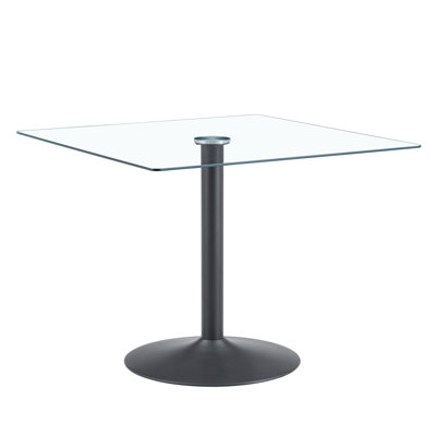 Table de salle à manger 38,5 pouces moderne minimaliste carrée en verre avec base en métal à une colonne. Disponible en noir