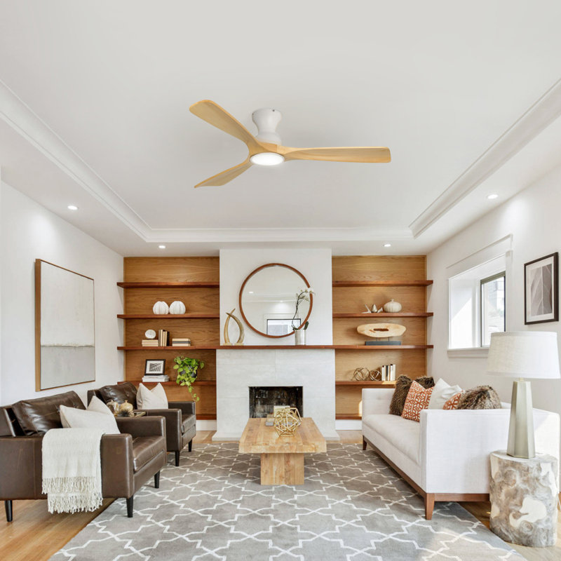 Ventilateur de plafond 52 po avec ensemble d'éclairage et télécommande (ensemble de 2) Karlena, Blanc avec pales chêne