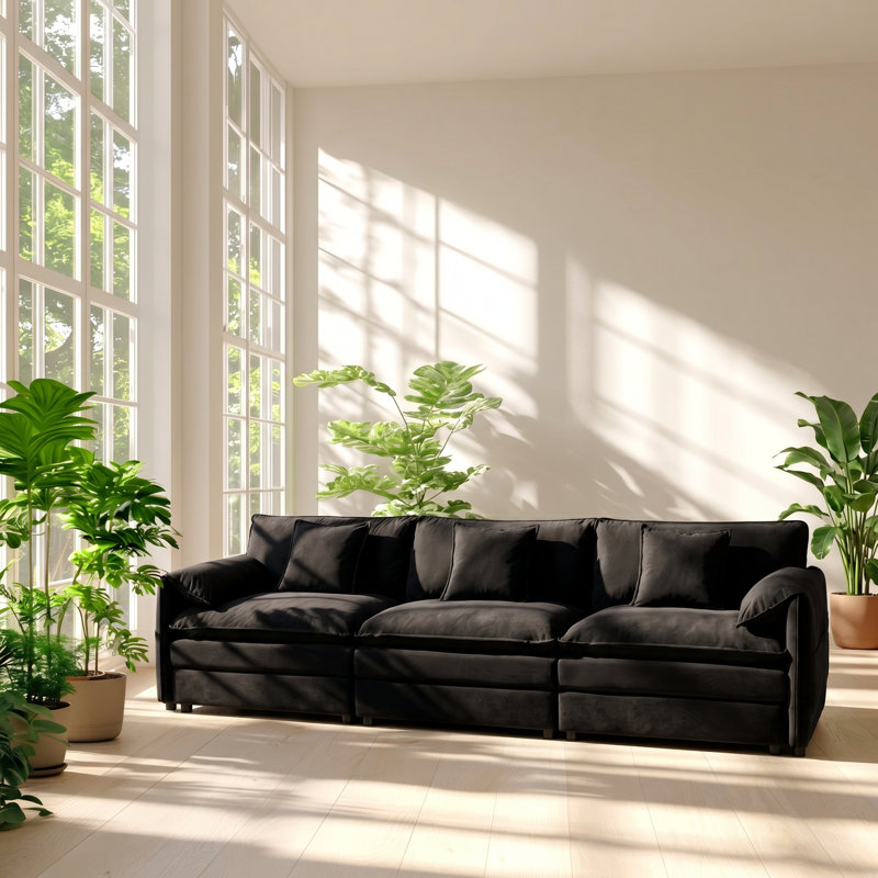 Aura 109.45" W x 57.48" D x 33.46" H 4-Seat Chenille Modular Sectional Sofa, Black Chenille