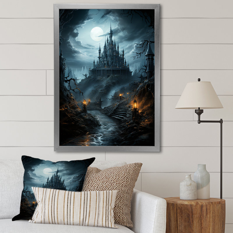 «Haunted Castle At Nightfall II - Châteaux», art mural, Cadre flottant brun, H 32 po x l 24 po x P 1 po