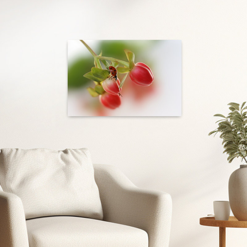 Ladybug On Red Berries Delicate Vibrant Abstract Ladybug Fruit Nature Wall Art Print by Ellen van Deelen - 1 Piece Wrapped Canvas Wall Art