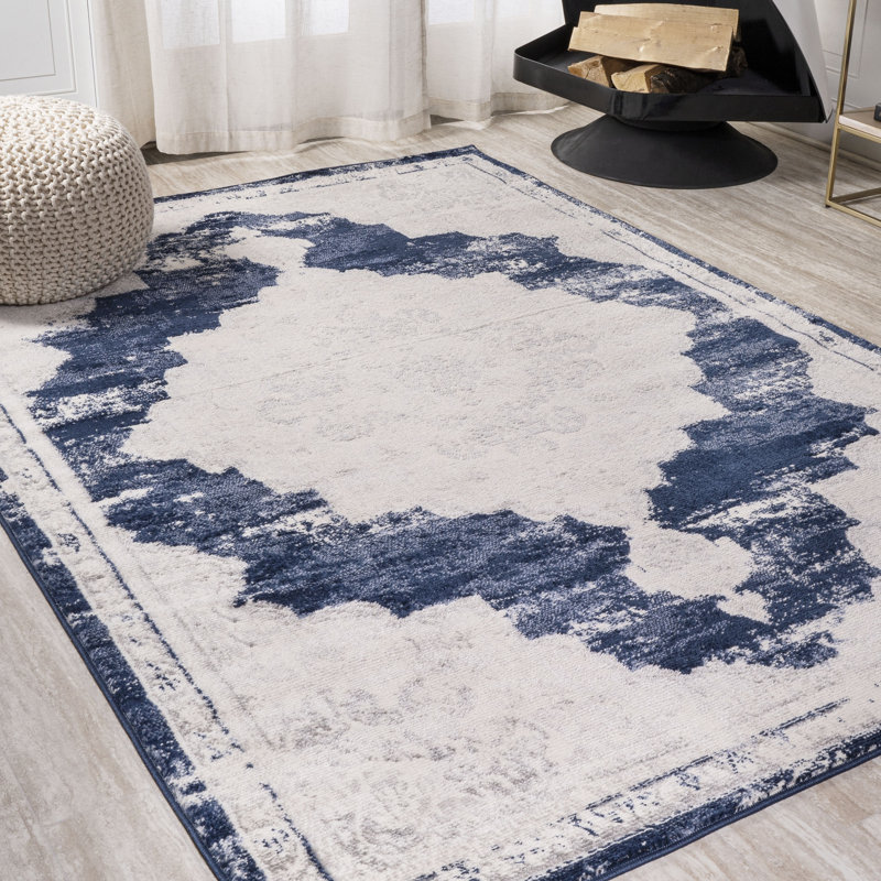 Amee Ornate Medallion Modern Ivory/Navy Rug, Rectangle 4'3" x 6'