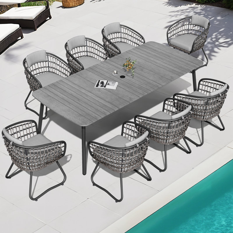 8 - Person Rectangular Outdoor Dining Set (Set of 9), Grey Cushion / Grey Table