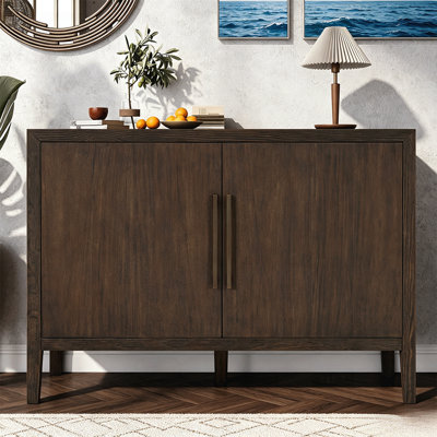 47.25-Inch Farmhouse Sideboard with Pine Veneer and 2 Doors Minimalist Wooden Storage Cabinet with Metal Handles for Living Room, Kitchen