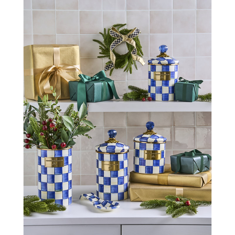Canisters 3 - Piece Set, Blue/White/Brass/Clear, 9.75" H x 5" W x 5"D