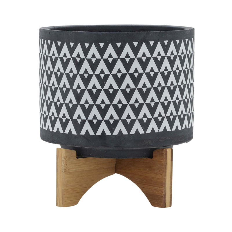 Ceramic 8" Aztec Planter On Wooden Stand, Gray, 9" H x 8" W x 8" D