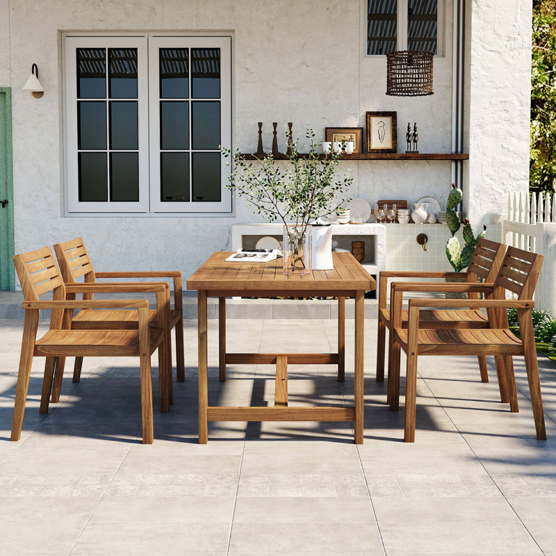 5-Piece Outdoor Acacia Wood Outdoor Dining Set Of 4,59.06-Inch Rectangular Table With Umbrella Hole,Suitable For Patio, Lawn, Garden, Poolside, & Indoor Use