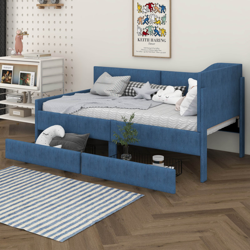 Twin Size L Shaped Daybed With 2 Storage Drawers, Corduroy Upholstered Daybed, Wooden Bed Frame, Corduroy Sofa Bed, Blue