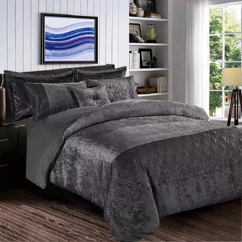 Santiago 3 Piece Crushed Velvet Duvet Cover Set Ultra Soft Luxurious and Easy Care Bedding, Grey