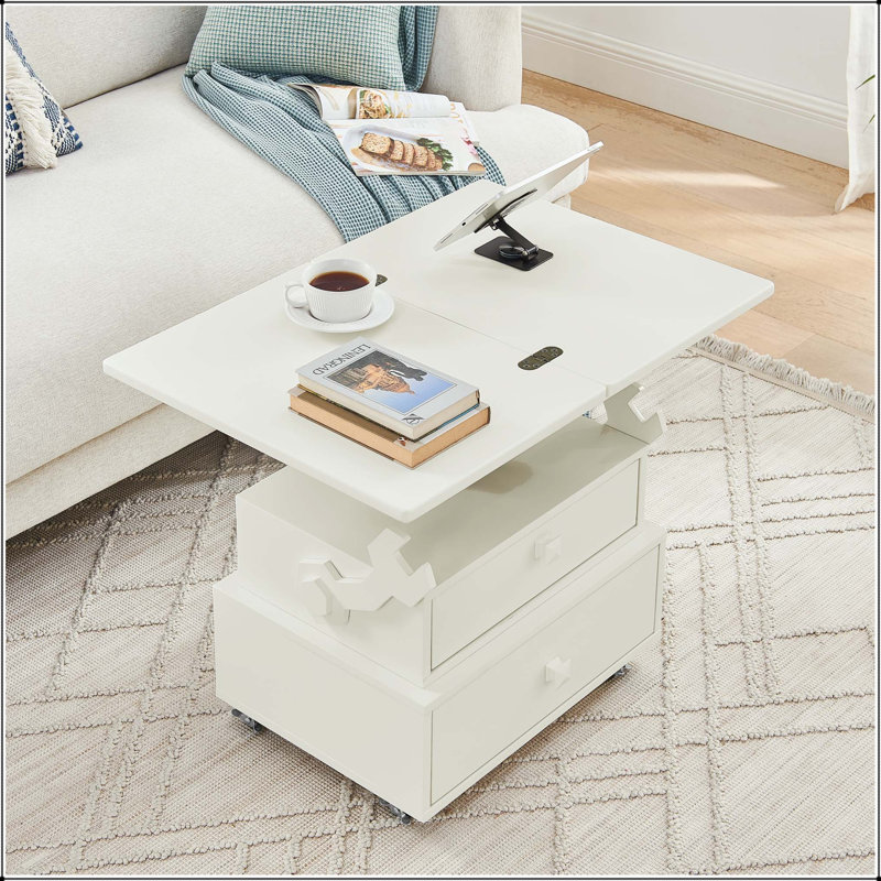 Table de bout roulante à hauteur réglable - Plateau rabattable avec station de charge et rangement, White
