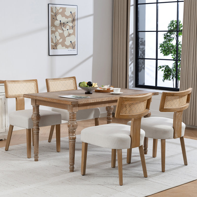 Linen Rattan Solid Wood Side Dining Chairs