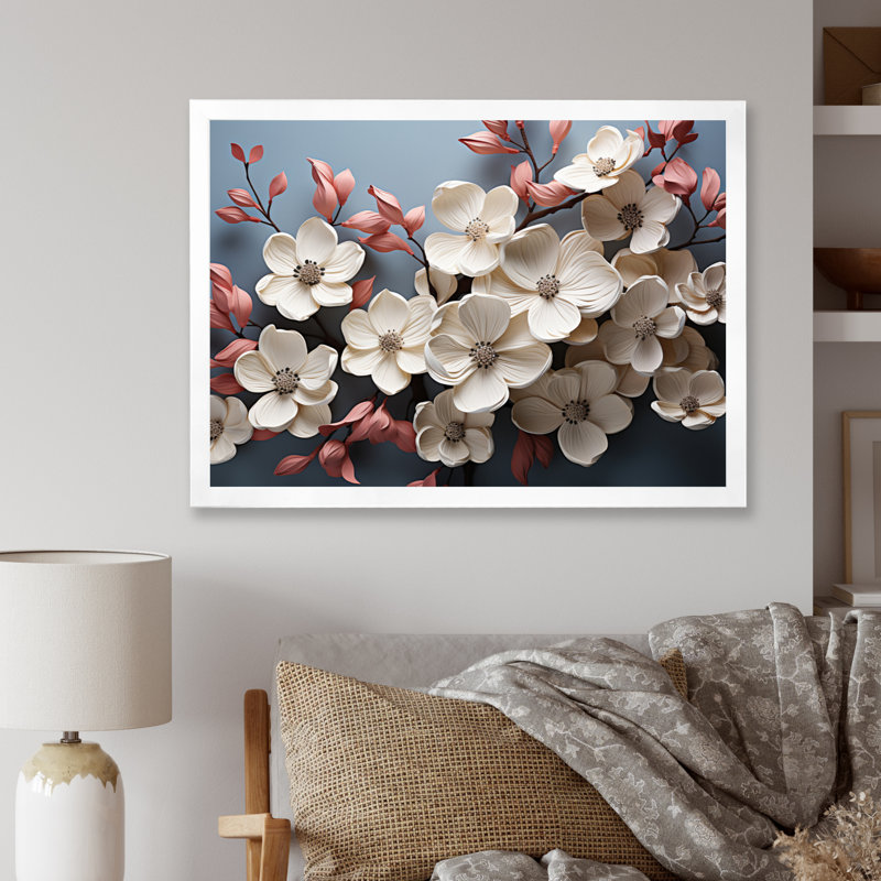Dogwood Field Pointillism Collage III - impression, Cadre simple blanc, H 34 po x l 44 po x P 1,5 po