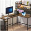 Bureau en L, bureau d'ordinateur en coin réversible avec prise de courant et lumière DEL, bureau de jeu avec tablette de rangement et support pour écran, brun rustique