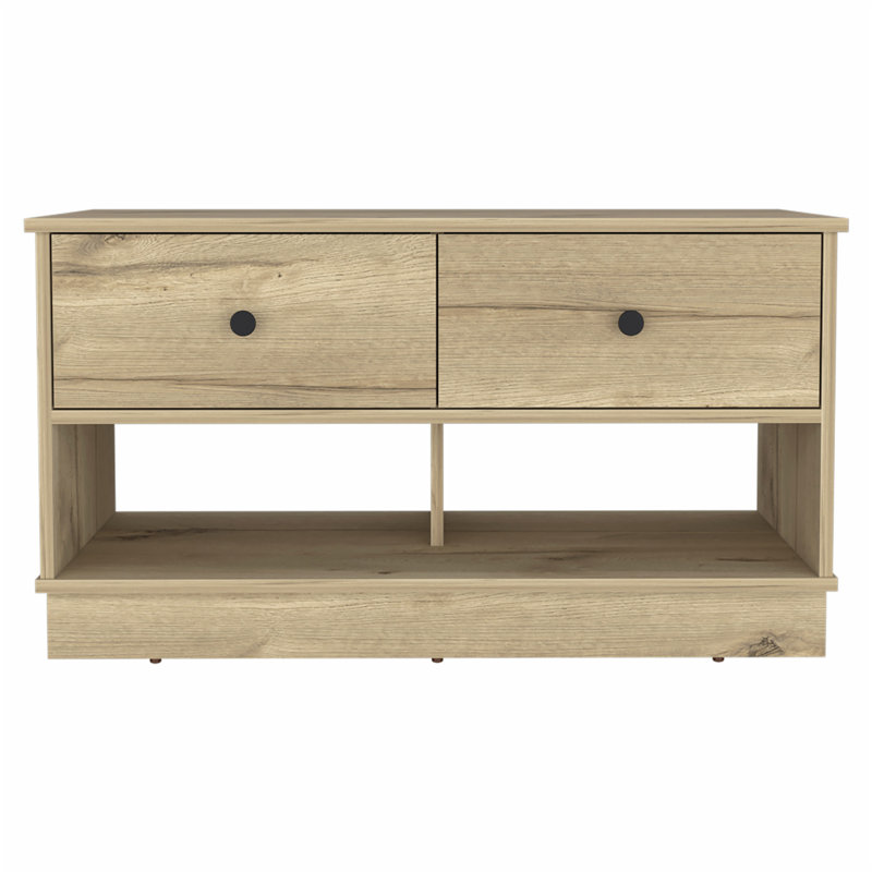 Light Oak Rectangle 2-Shelf 2-Drawer Storage Bench, Combining Seating and Practical Storage for Organized Living.