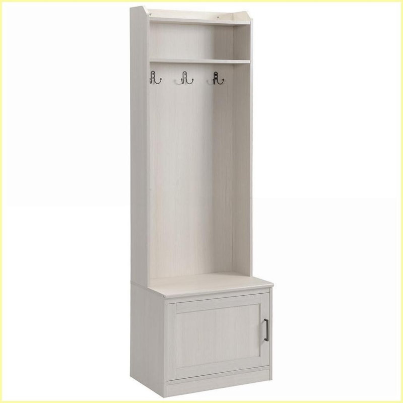 Hall Tree with Coat Rack, Rustic White Wood Grain Shoe Storage Bench &amp; Shelves | White | Particle Board