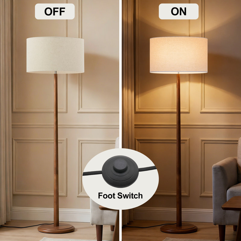 61 po Lampe sur pied en bois massif Nordic avec abat-jour tambour en lin 15,8 po, finition noyer, interrupteur au pied, douille E26 (ampoule non incluse), certifiée UL, pour le salon, la chambre à coucher et la salle d'étude