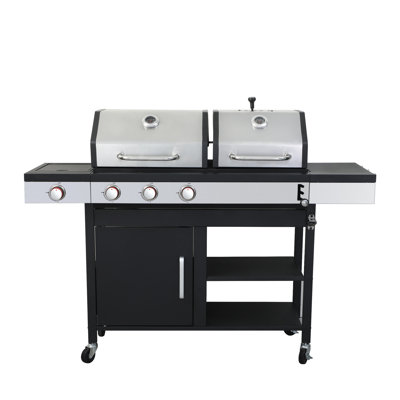 3-burner Propane Gas Bbq Grill With Side Burner Combined With Charcoal Grill 37230btu Output With Enameled Cast Iron Cooking Grids