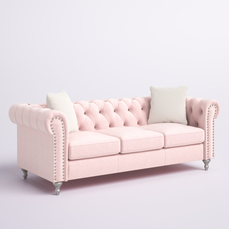 Canapé Chesterfield à accoudoirs roulés de 82 po Julianne, Microfibre rose / microsuède