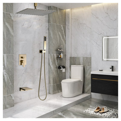 12 Inch Rainfall Shower Faucet Set with Handheld Spray, Brushed Gold High Pressure Shower System with Thermostatic Valve, Wall Mounted Stainless Steel Bathroom Shower Fixtures