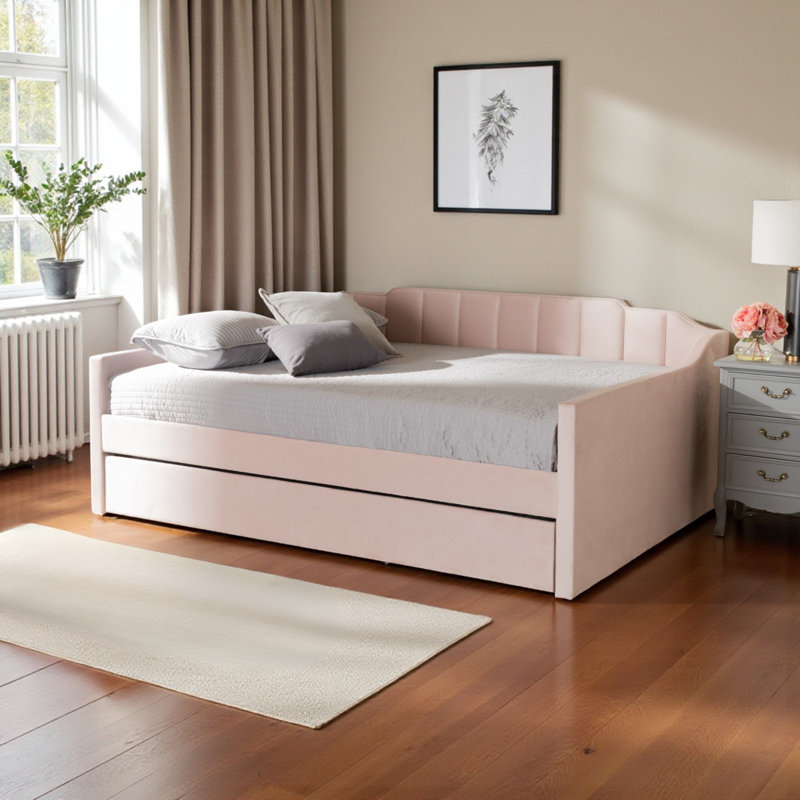 Marlee Modern Full Size Velvet Fabric Daybed in Pink, 34.71" H X 81.50'' L X 57.72'' W, Full, Pink