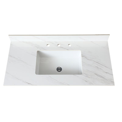 Plateau de meuble-lavabo 43 po - blanc avec dosseret 4 po, lavabo rectangulaire et dosseret en pierre frittée de 43 po de hauteur