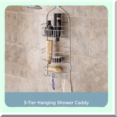 AquaGuard Deluxe 3-Shelf Rust-Resistant Hanging Shower Caddy with Suction Cups and Razor Holders, Chrome Finish
