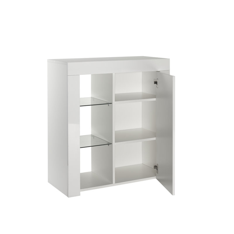 Suzana White High Gloss Sideboard with RGB LED Lights – 1 Door Storage Cabinet with 2 Glass Display Shelves (75cm Wide)