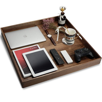  20" Square Solid Black Walnut Wood Ottoman Serving Tray with Handles