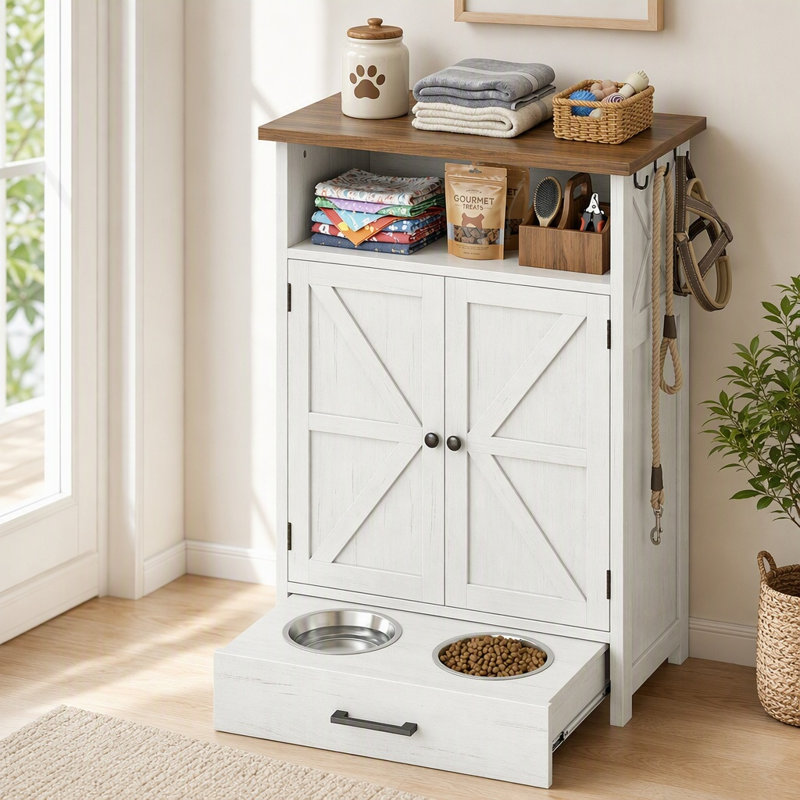 Bols surélevés pour chien avec armoire de rangement, 3 crochets latéraux et tiroir coulissant, Blanc
