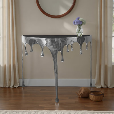 Capri Sofa Console Table | 36.25" Half Moon Glass Top | Melting Drip Design | Aluminum Cast