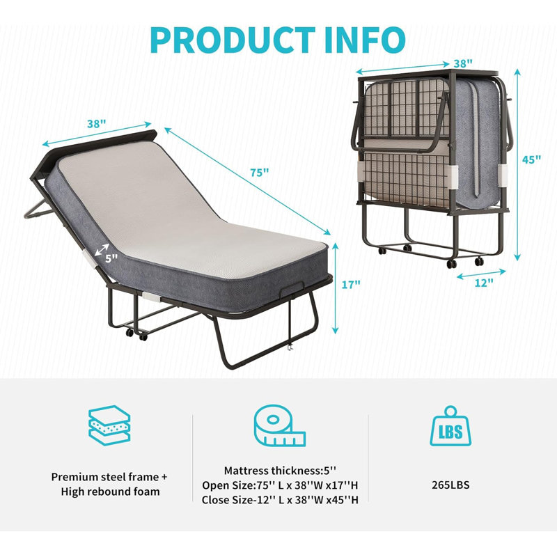 Folding Bed with 5" Foam Mattress & Lockable Wheels, 17" H x 75" L x 38" W