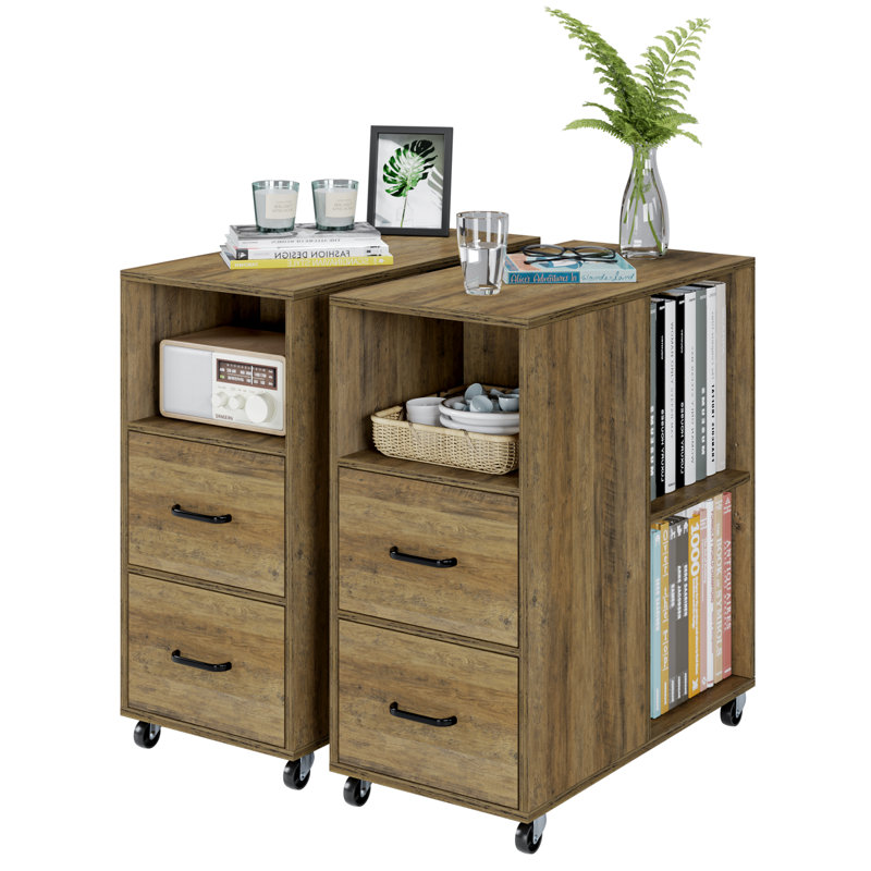 2-Drawer Side Table with Removable Wheels, Brown
