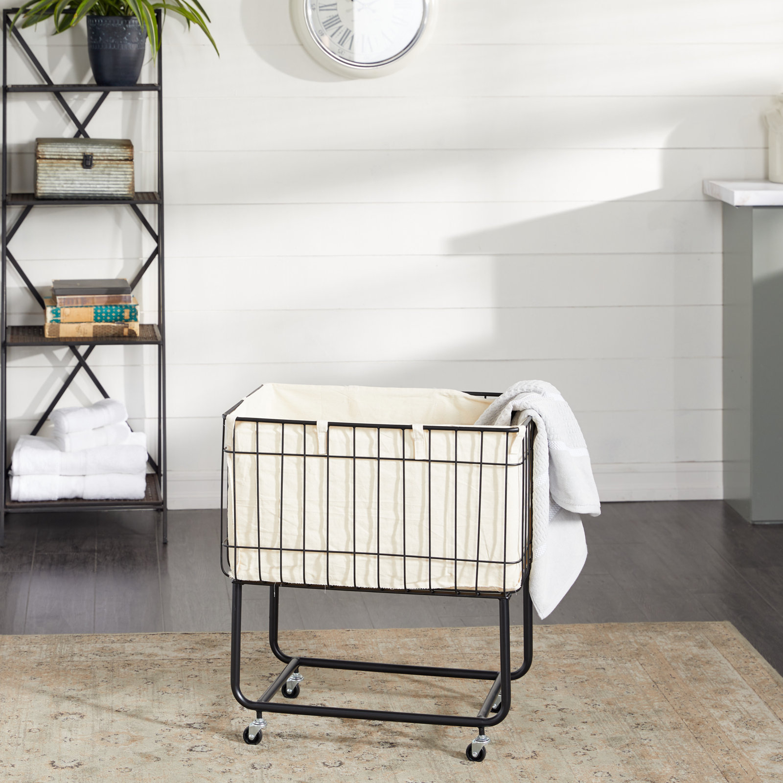 Metal Deep Set Wire Basket Storage Cart with Wheels and Fabric Lining