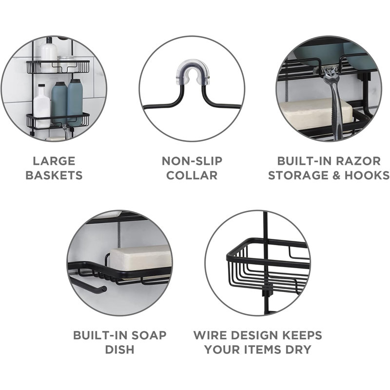 Serviteur de douche en aluminium antirouille avec 2 tablettes et crochets intégrés - Pomme de douche pour shampooing, revitalisant et produits essentiels